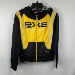 Vintage EXE Race Sports Track Hooded Jacket Ln Sleeve Zipper Yellow Black Sz XL